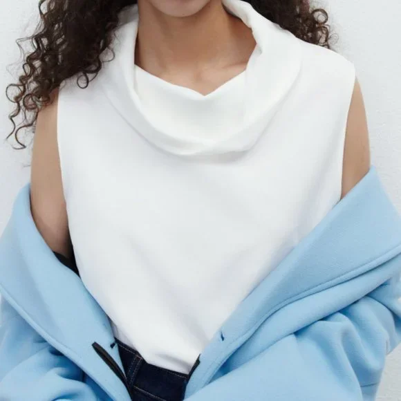 ZARA WHITE COWL NECK STRETCH DRAPED COLLAR BLOUSE - Picture 7 of 7